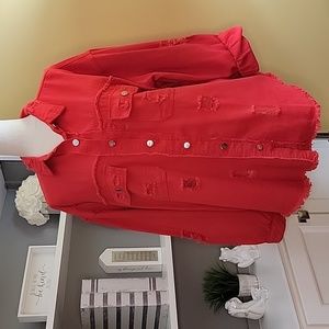 Red Shacket Distressed Long Sleeve Layering Top